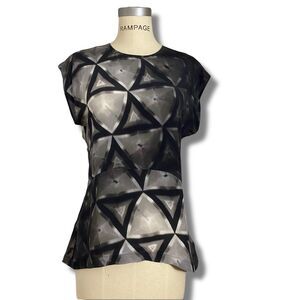 Saba Women’s Size 10 Silk Zip Up High Neck Blouse Black Grey Short Sleeve